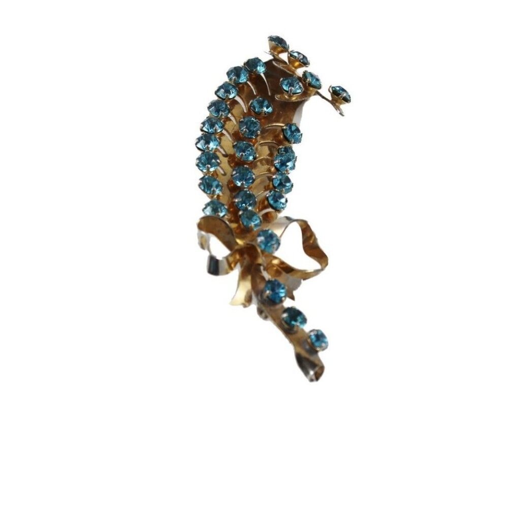 Vintage Blue Rhinestone Gold-Tone Floral Brooch Pin